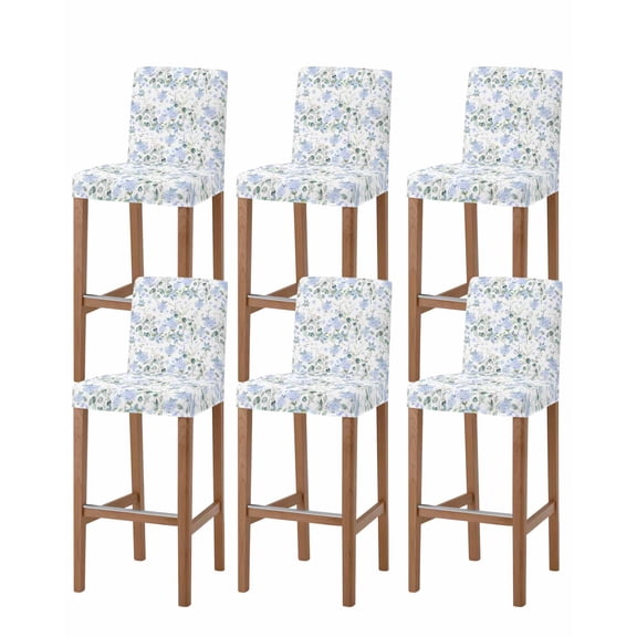 Blue Flower Bar Stool Covers Set of 6, Sage Green Eucalyptus Leaf Farmhouse Country Stretch Washable Bar Chair Covers with Backs, Removable Pub Counter Height Chair Cover for Kitchen Dining Room Cafe