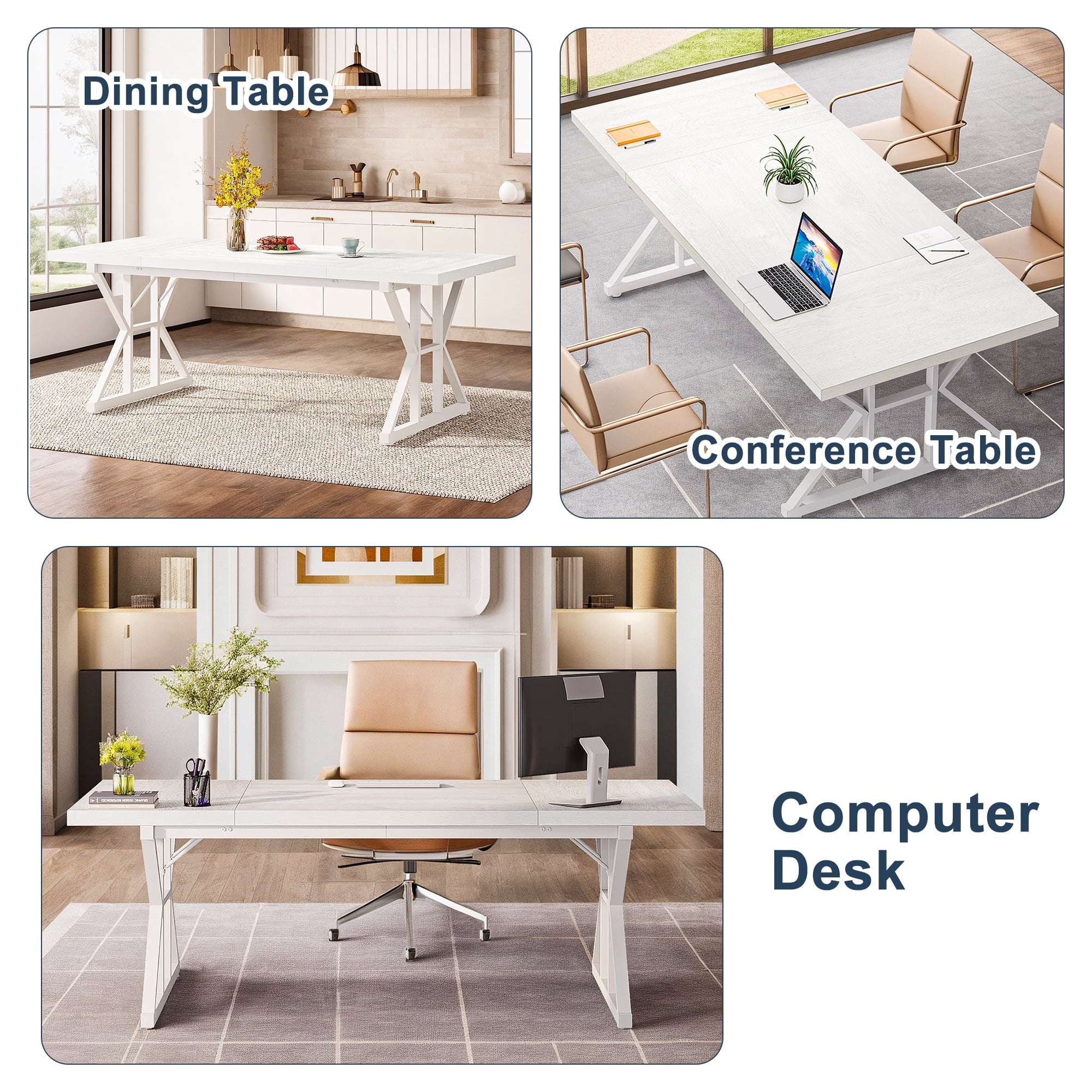 Demi Bonn 71" Farmhouse Dining Table, Wood Rustic Kitchen Table for 6 People, Large Rectangular Dinner Table for Dining Room, Home Office, Living Room Furniture, White