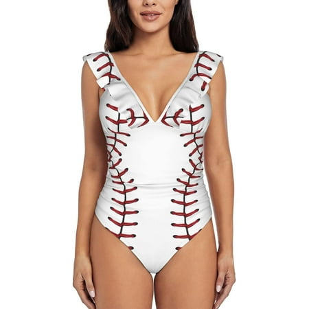 Women White Baseball V Neck One Piece Swimsuits Ruched Tummy Control Swimwear Halter Bathing Suit