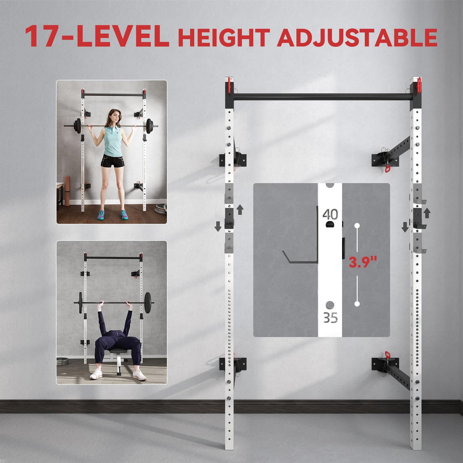 Demi Bonn Folding Squat Rack with Pull Up Bar - Wall Mounted, Adjustable 1000 LBS Capacity Power Rack ,White