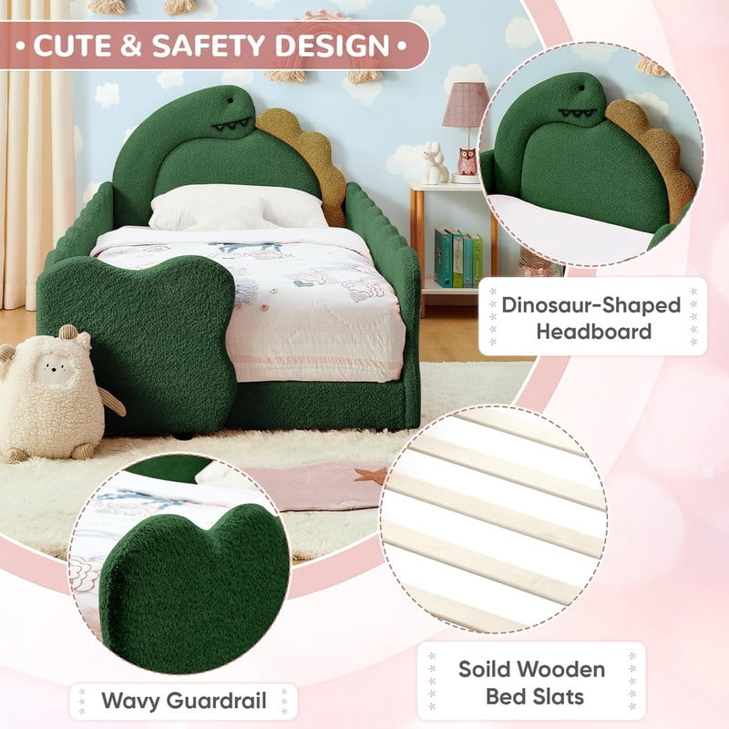 Twin Size Upholstered Platform Bed with Dinosaur Shaped Headboard, Boucle Fabric Kids Bed with Slats Support, Space-Saving Daybed for Girl, Boy, Teenager