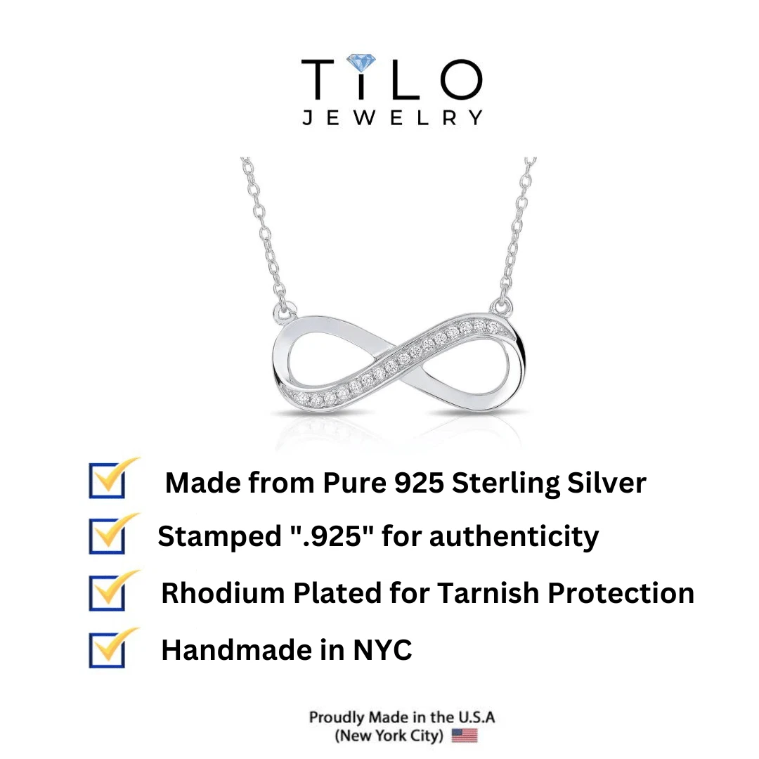 Tilo Jewelry Solid 925 Sterling Silver Infinity Pendant Necklace with Cubic Zirconia CZ Stones | Women & Unisex | Adjustable 16 Inch to 18 Inch Cable Chain