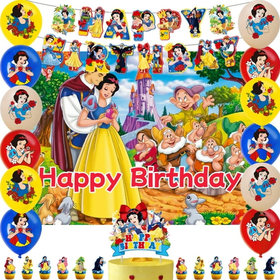 White Princess Theme Cartoon style Birthday Decoration Kits，Party Supplies Including Banner, Balloons, Cake Toppers, Cupcake Toppers，Background Flag.