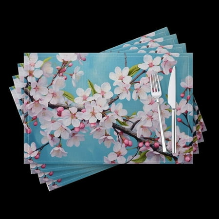 

BaHomeck placemats Set of 4 Large Painting Of Cherry Blossoms On Blue Background Cotton Linen rectangle Placemats for Kitchen Dining Table Indoor Outdoor 18*12inch