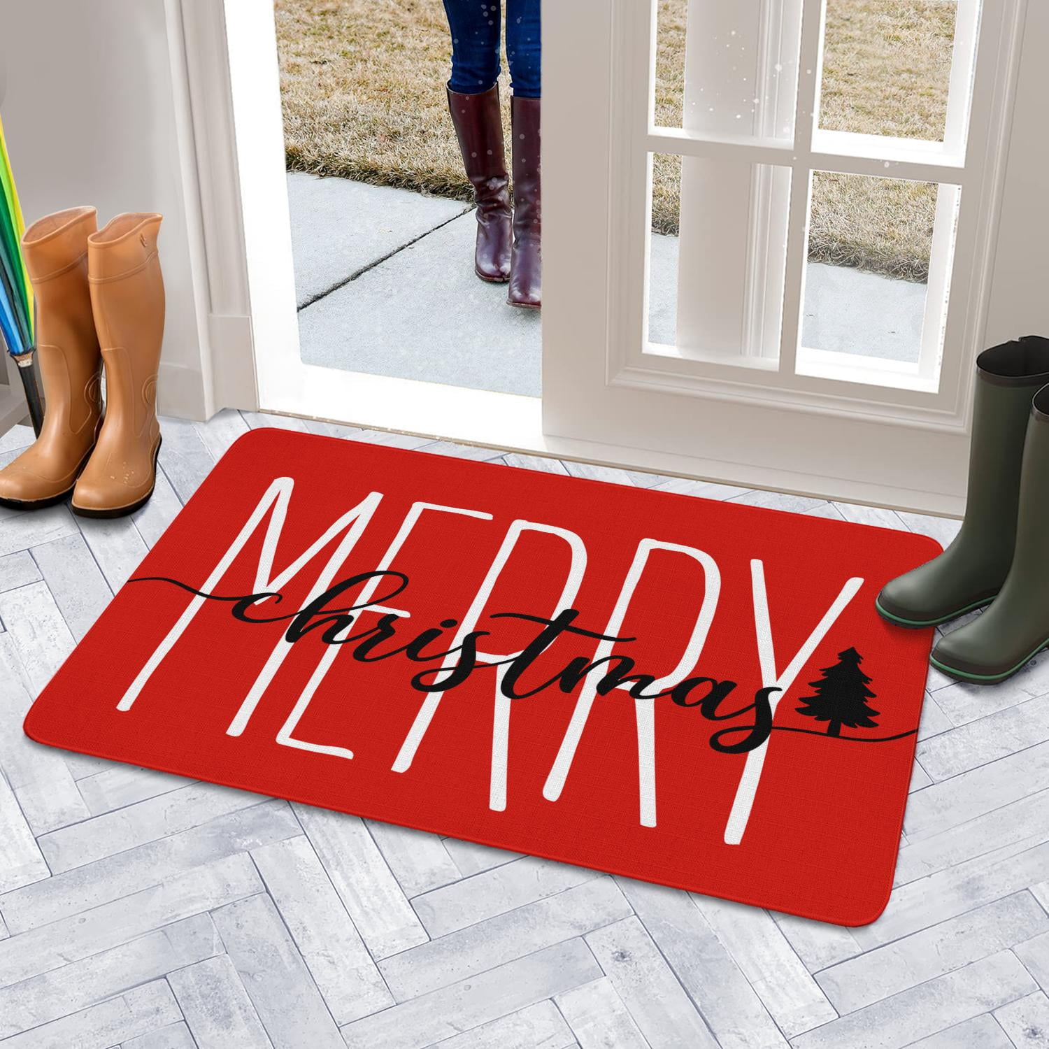 Merry Christmas Door Mat 30 X 17 Inch Christmas Red Doormat Indoor Outdoor Entrance Floor Rug Non Slip Winter Christmas Decor Rubber Welcome Mats