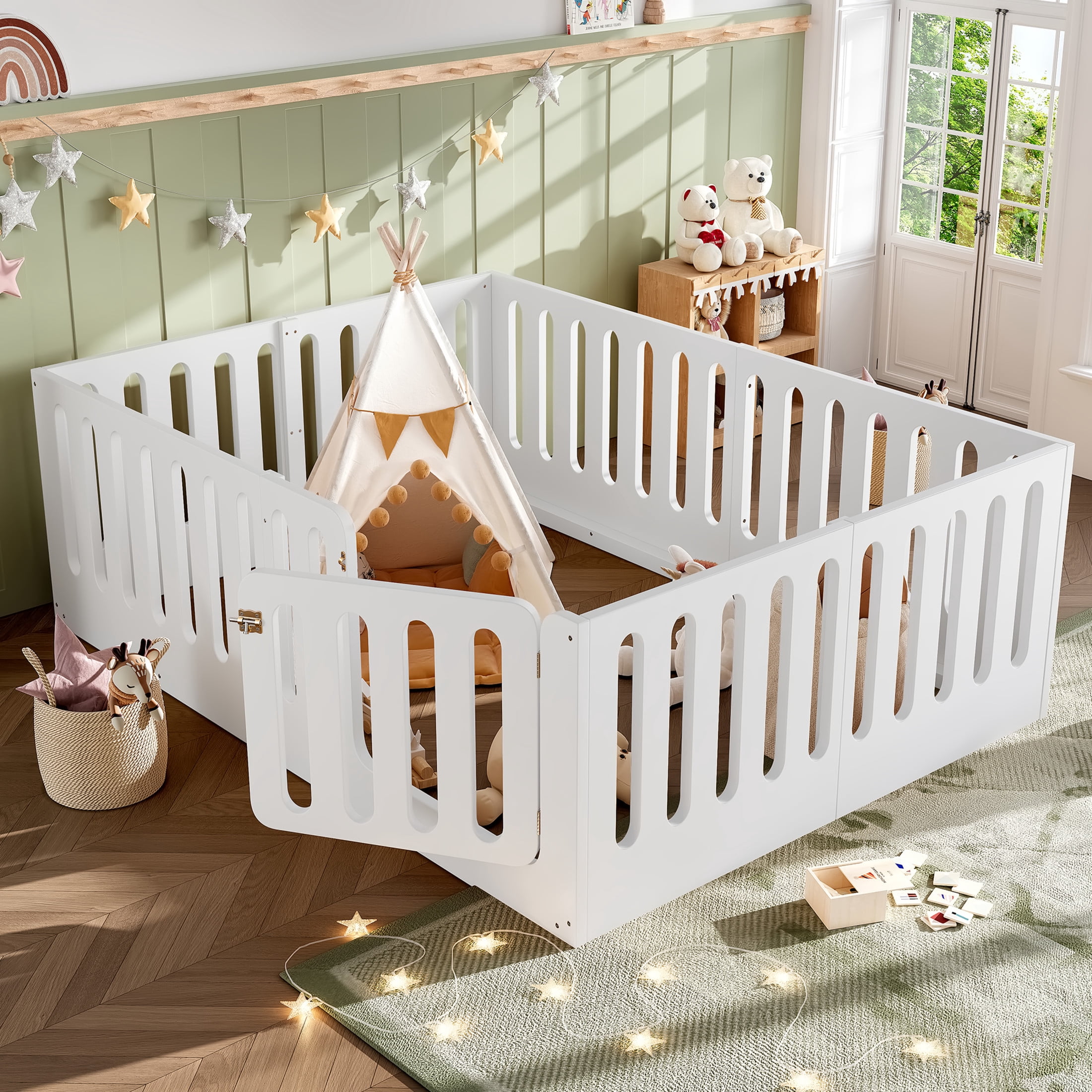 Noble House Queen Size Montessori Floor Bed with High Fence, Solid Wood Kids Bed Frame, White