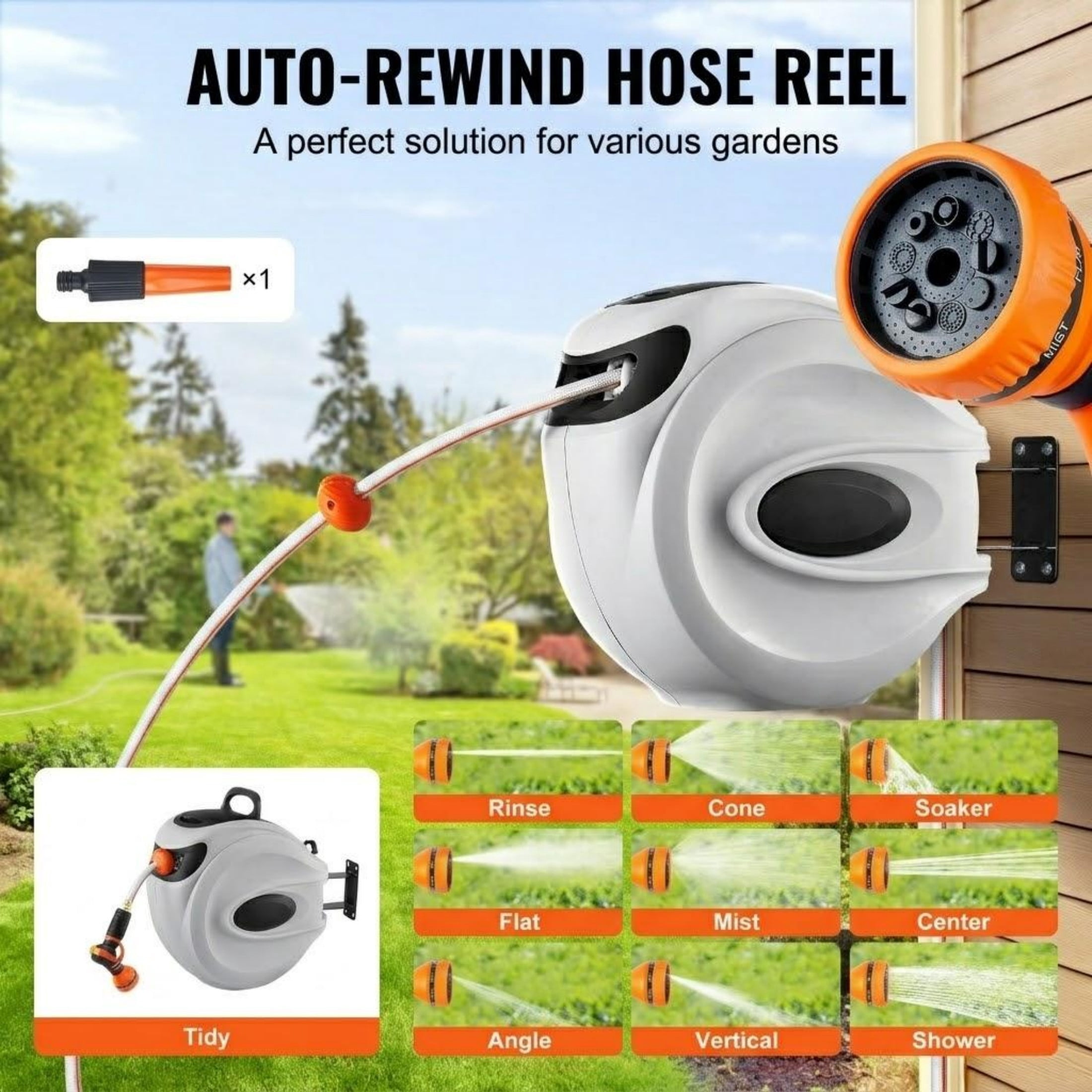 115ft x 1/2" Retractable Hose Reel, Wall-Mounted with 180° Swivel, Auto Rewind, Any-Length Lock & Slow Return, Includes 9-Pattern Nozzle