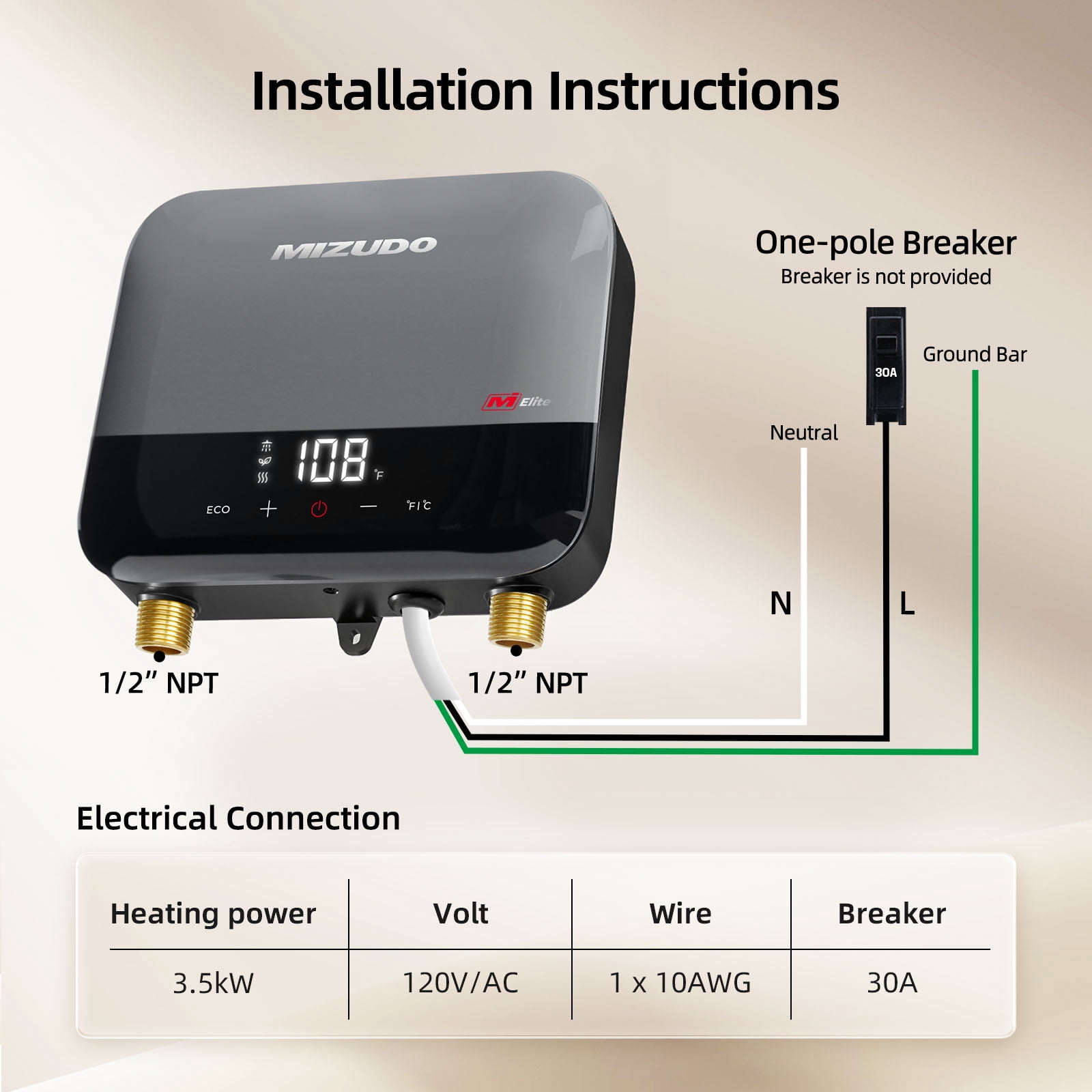 Mizudo Elite 3.5 kW 0.68 GPM 120-Volt Point of Use Tankless Electric Instant Hot Water Heater, Gray