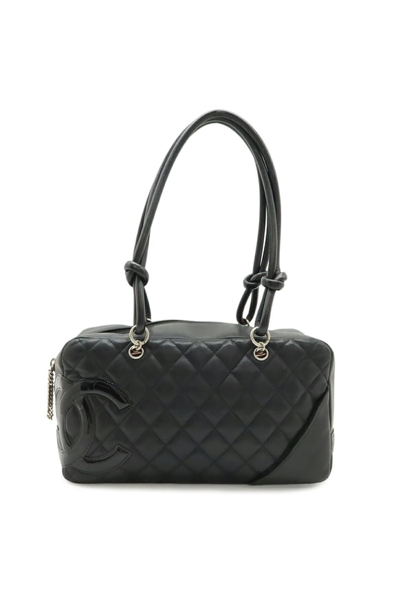 Pre-Owned CHANEL Cambon Line Bowling Bag Handbag Shoulder Soft Calfskin Enamel Black A25171