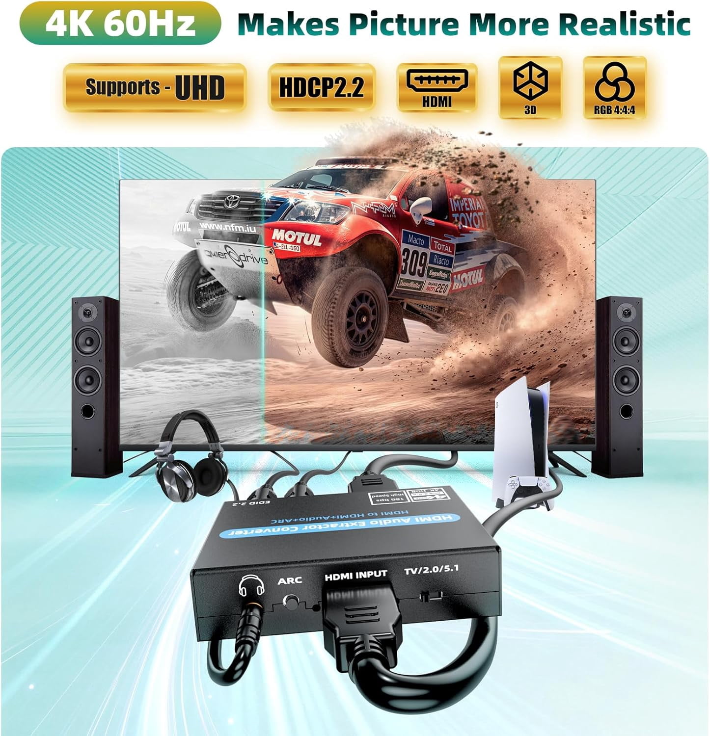 4K@60Hz HDMI Audio Extractor with ARC – Optical, 3.5mm Stereo & RCA L/R Adapter, Supports 5.1 Audio, HDCP 2.2, HDR, 18Gbps – for PS5, Xbox, HDTV, Soundbar