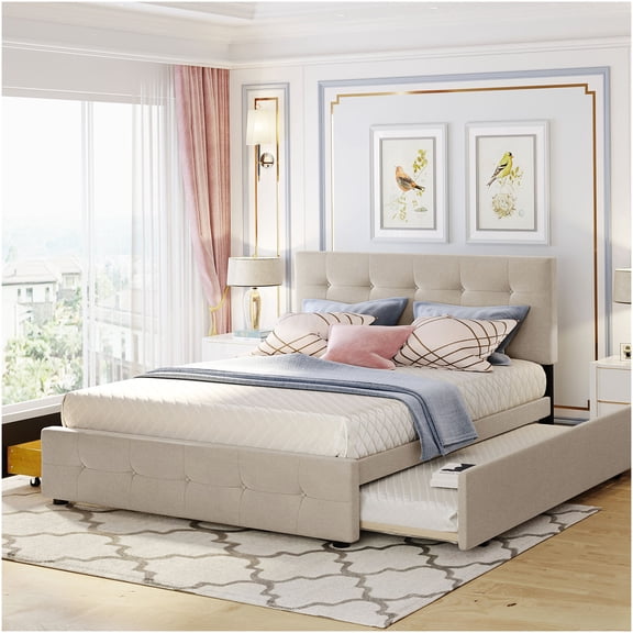 Queen Size Storage Bed with Trundle, Linen Upholstered Platform Frame and Headboard