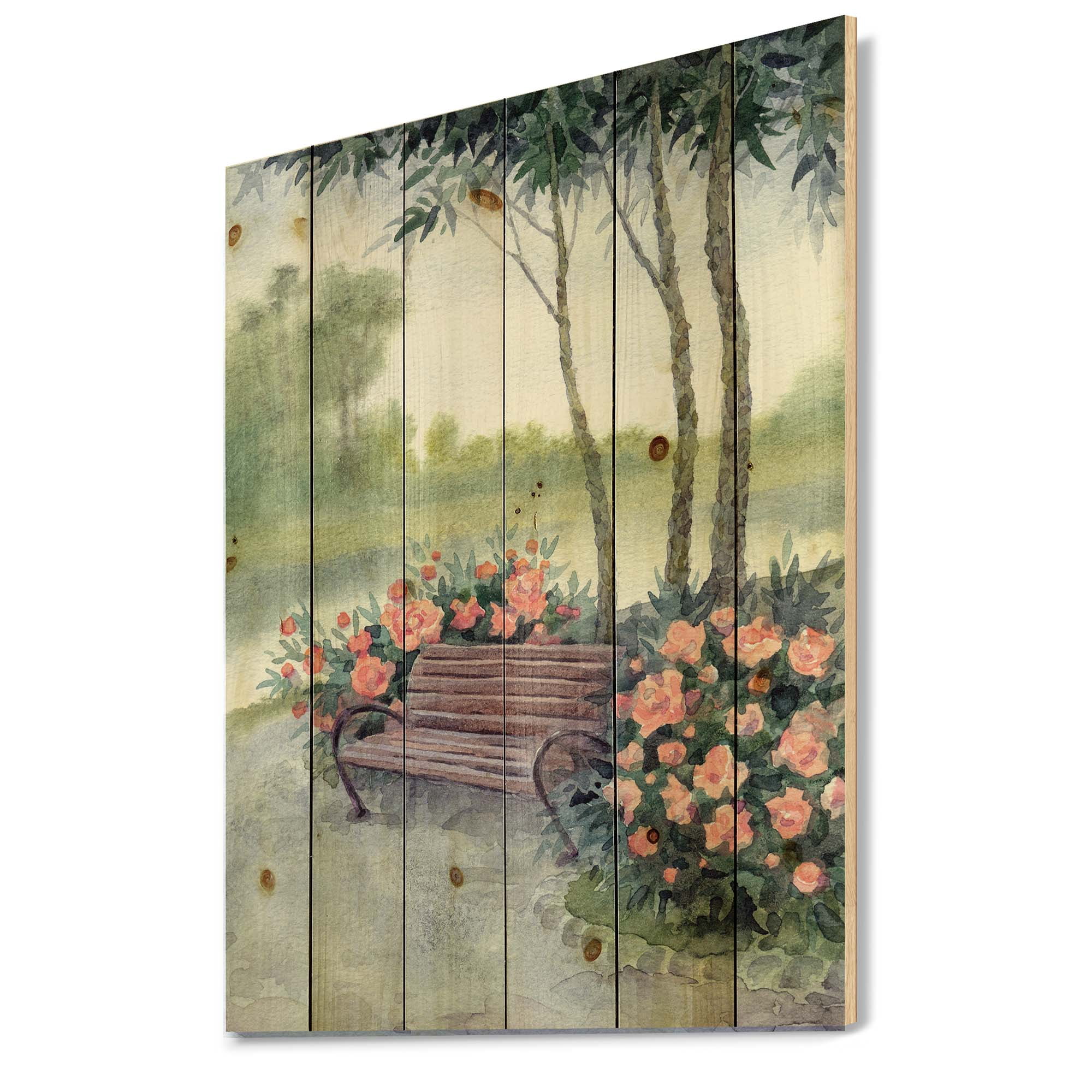 Designart 'Bench In Park By The Pions Flowers Bushes' Traditional Print on Natural Pine Wood