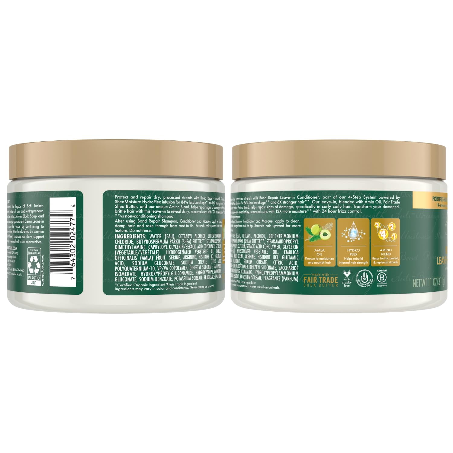 Shea Moisture Shampoo & Conditioner Set + Leave-In Conditioner – Amla Oil Bond Repair Hair Treatment for Dry, Damaged Hair, Anti-Frizz Products for Curly Hair (3 Piece Set)