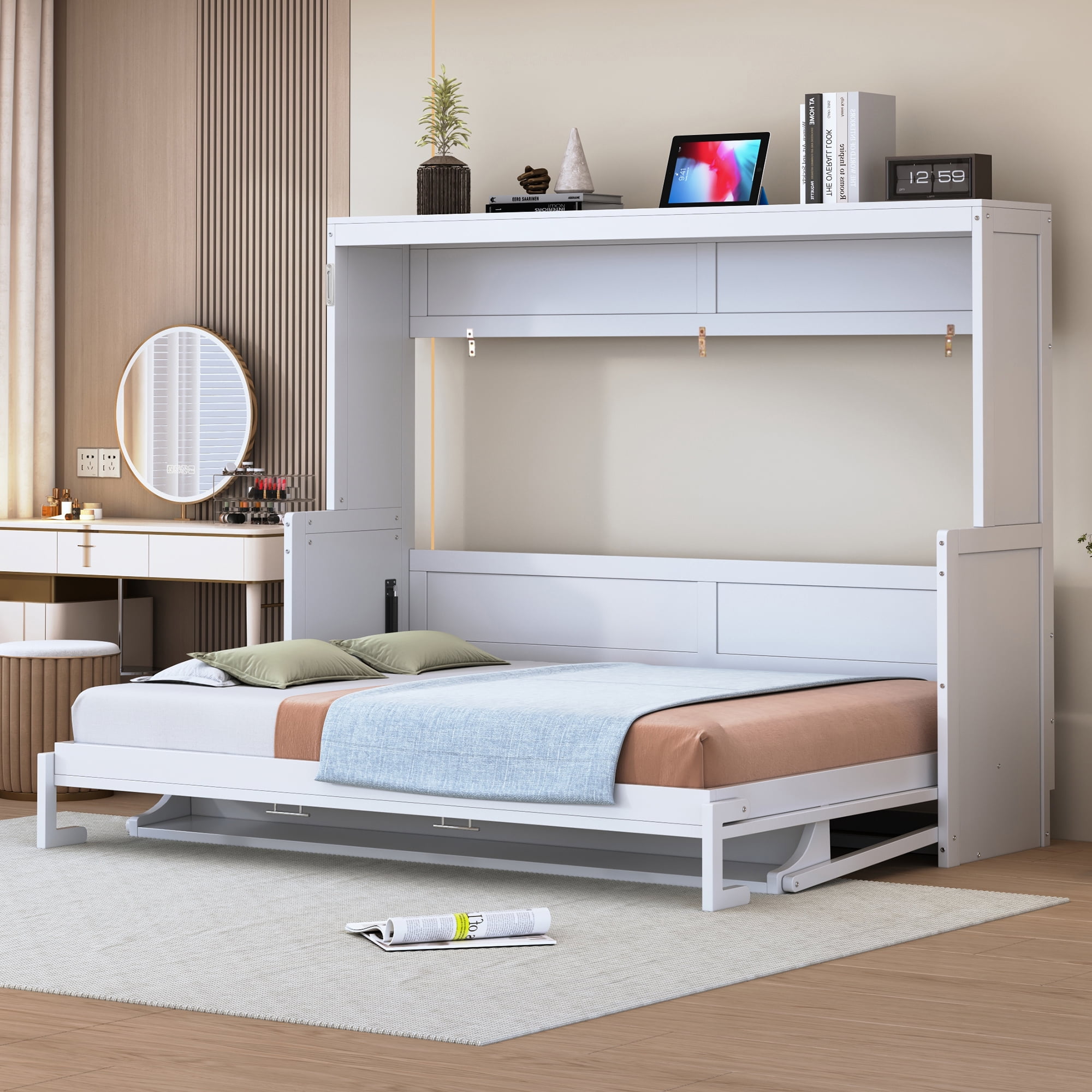 Mintazer Full Wall Murphy Bed with Desk & Hydraulic Lift, Multifunctional Foldable Bed for Small Spaces Apartments, White