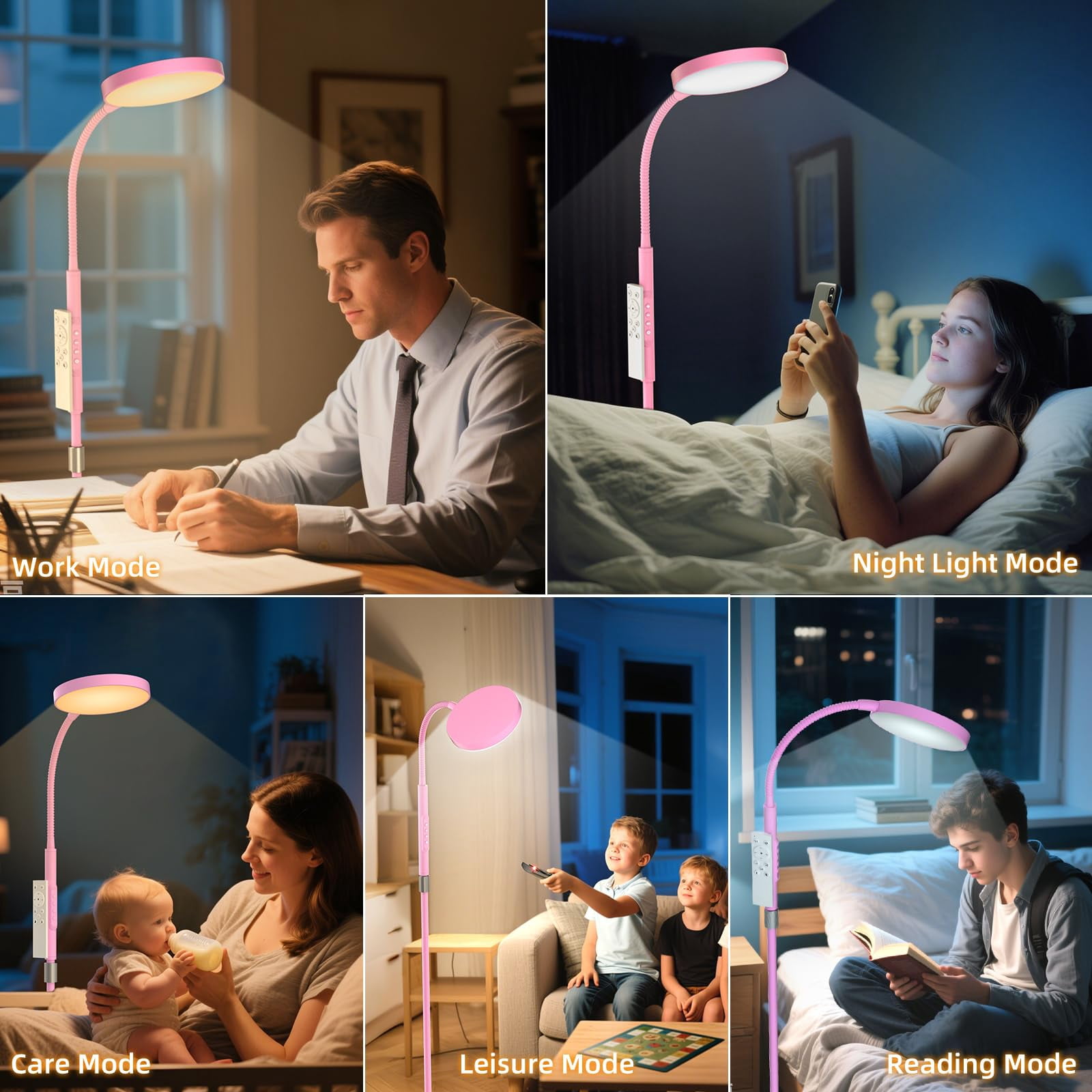 Floor Lamp  Adjustable Height Lamps For Living Room Bedroom 120 Led Super Bright Standing Remote Control Dimmable Gooseneck Tall Stand Reading Office Craft Pink
