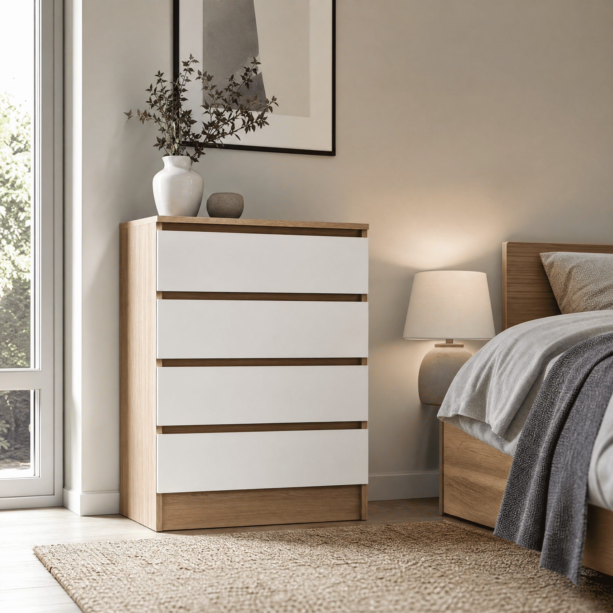 4-Drawer Storage Cabinet Color-Block Drawer Dresser 23.62*14.96*30.71in Wood-Tone Cabinet Body + White Drawer Fronts