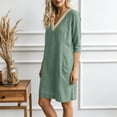 thumbnail image 5 of LNWUY Women's Fashion Lace 3/4 Sleeve Cotton Linen Dress Summer Casual Solid Color V-Neck Shift Dress Knee Length Dresses Green XL, 5 of 8
