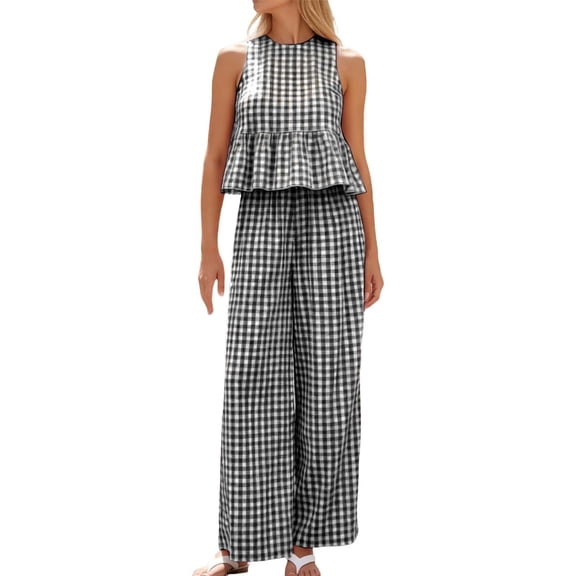 Women's Plaid Print Crew Neck Sleeveless Top and Straight Leg Pants Set Casual Modern Two Piece Ensemble L