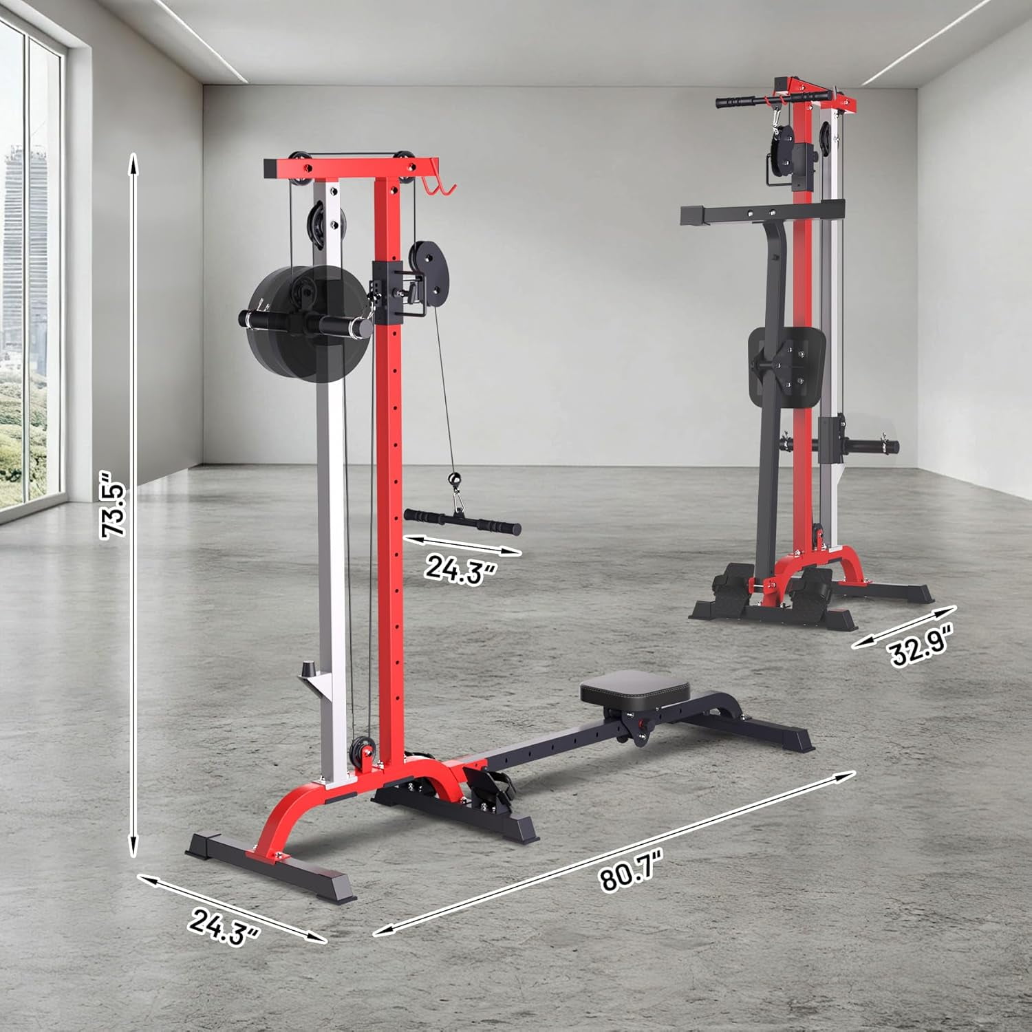 GARVEE 2 in 1 Cable Crossover Machine & Lat Pull Down Machine with Adjustable Weight and Seat,Multi-Function Compact Rowing Machines for Home Gym,Black&Red