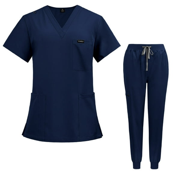 HAJWOH Womens Scrubs Sets Stretchy Nurse Uniform Short Sleeve V Neck Scrub & Pants Solid Color Scrub Suit with Multi Pockets Dark Blue L