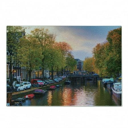 

Dutch Cutting Board Photo of Amstel River from City of Amsterdam with Small Boats and Bridges in Evening Decorative Tempered Glass Cutting and Serving Board in 3 Sizes by Ambesonne