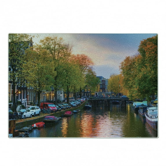 Dutch Cutting Board, Photo of Amstel River from City of Amsterdam with Small Boats and Bridges in Evening, Decorative Tempered Glass Cutting and Serving Board, in 3 Sizes, by Ambesonne