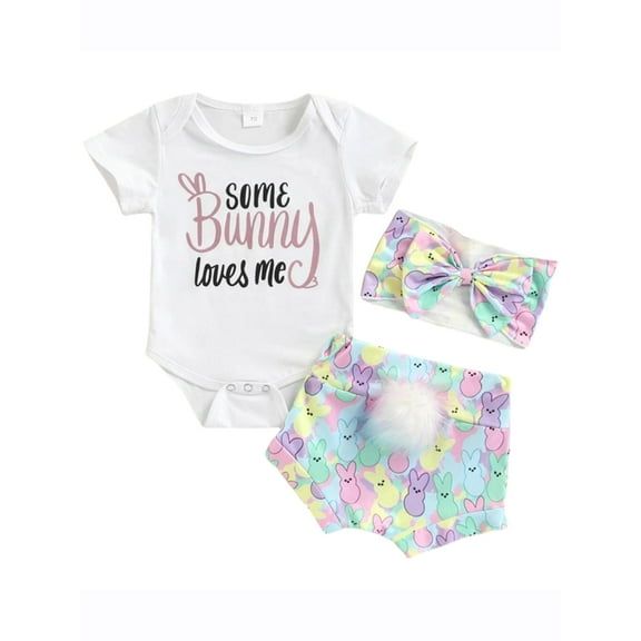 Infant Baby Girl Easter Outfits Short Sleeve Romper Bunny Tail Shorts Headband Set 0-18M