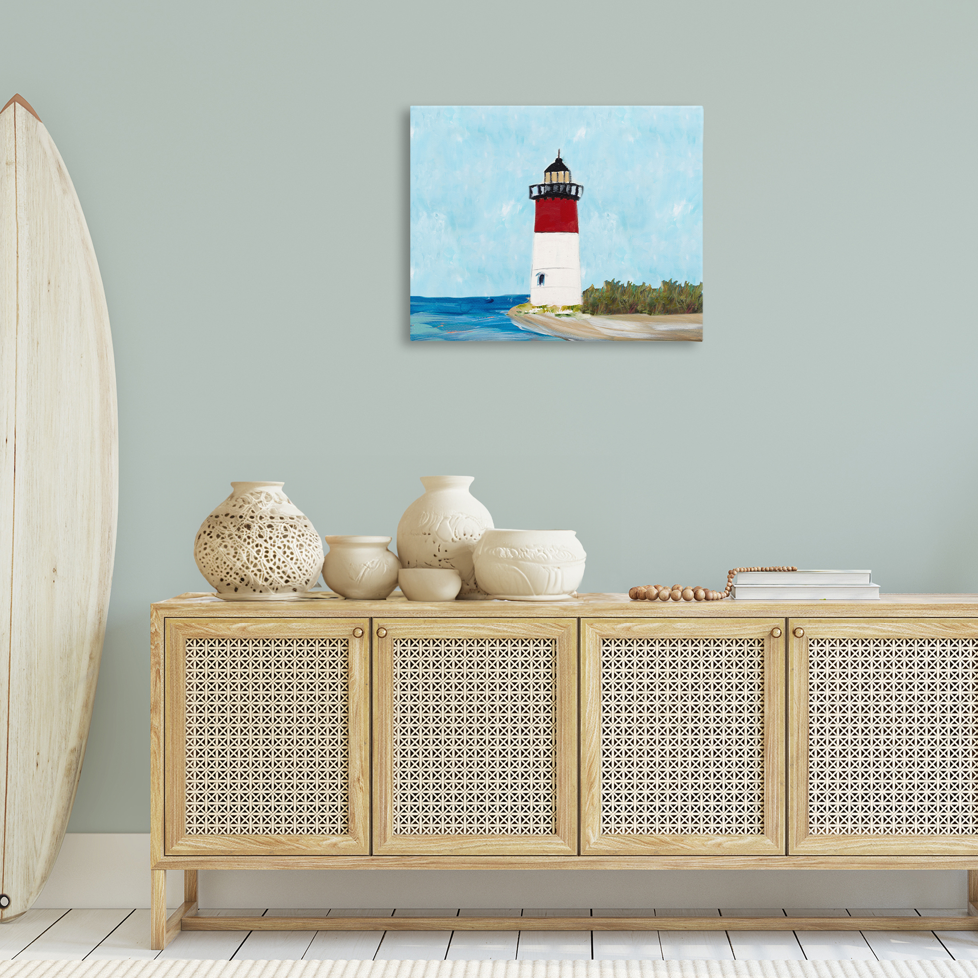 Stupell Industries Coastal Lighthouse on Blue Coastal Painting Gallery Wrapped Canvas Art Print Wall Art, 30 x 24