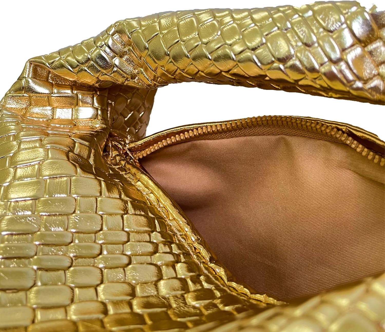 Women’s Woven Leather Hobo Bag with Knot Strap, Zipper Closure Shoulder Handbag