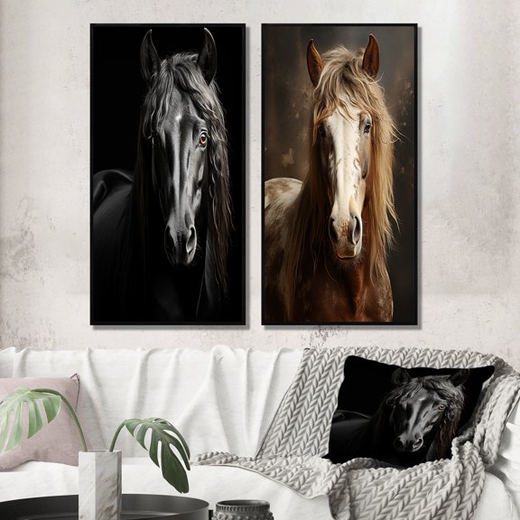 Designart "Vibrant Portrait Black White Horse" Horse Framed Wall Art Set Of 2 - Black Animals Frame Gallery Set For Office Decor