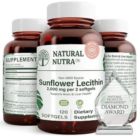 Natural Nutra Sunflower Lecithin 2000 mg Supplement – Soy Free, Non-GMO, Gluten-Free | Liver Function Support, Brain Health Booster, Helps to Improve Memory, Focus and Concentration 120 Softgels