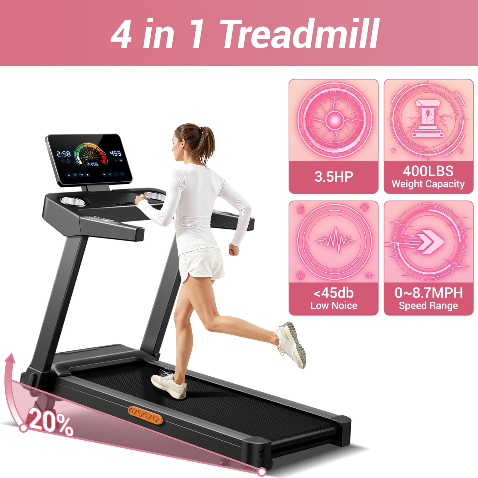 SONITU 20% Manual Incline Treadmill for Home, Foldable 3.5 HP Motor Running Machine, 400 lbs Capacity