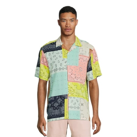 No Boundaries Men's Print Button Front Resort Shirt with Short Sleeves, Sizes XS-3XL