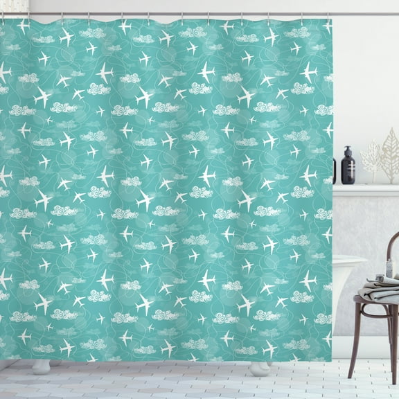 Ambesonne Airplane Shower Curtain, Disoriented Jet Flight, 69"Wx70"L, Turquoise White
