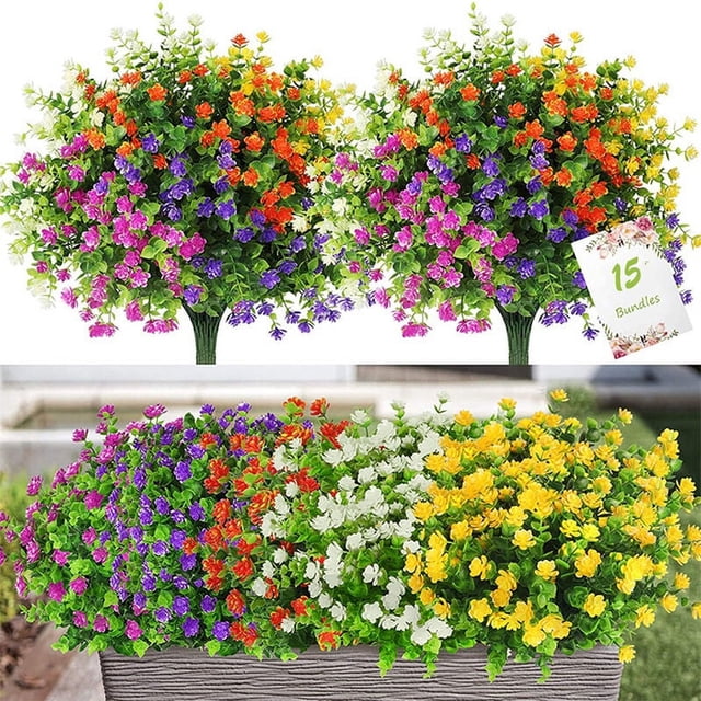 Juego de 15 ramos de flores artificiales para exterior e interior, plantas de plástico resistentes a los rayos UV en 5 colores para el hogar
