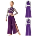 thumbnail image 6 of Doomiva Kids Girls Lyrical Dance Outfit  2 Piece Contemporary Dancewear Sparkly Crop Tops with Mesh Wide Leg Pants Purple 6, 6 of 8