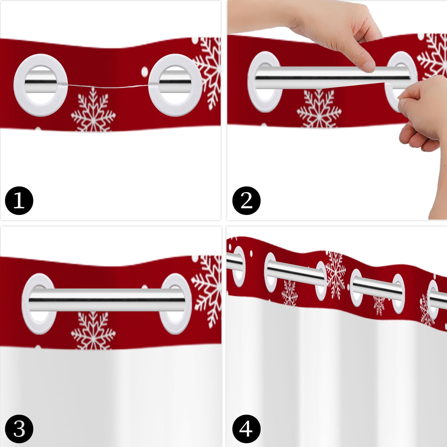 Mizhona White Snowflakes Hookless Shower Curtain with Snap in Liner，Red No Hooks Fabric Bath Curtain,71"× 74"