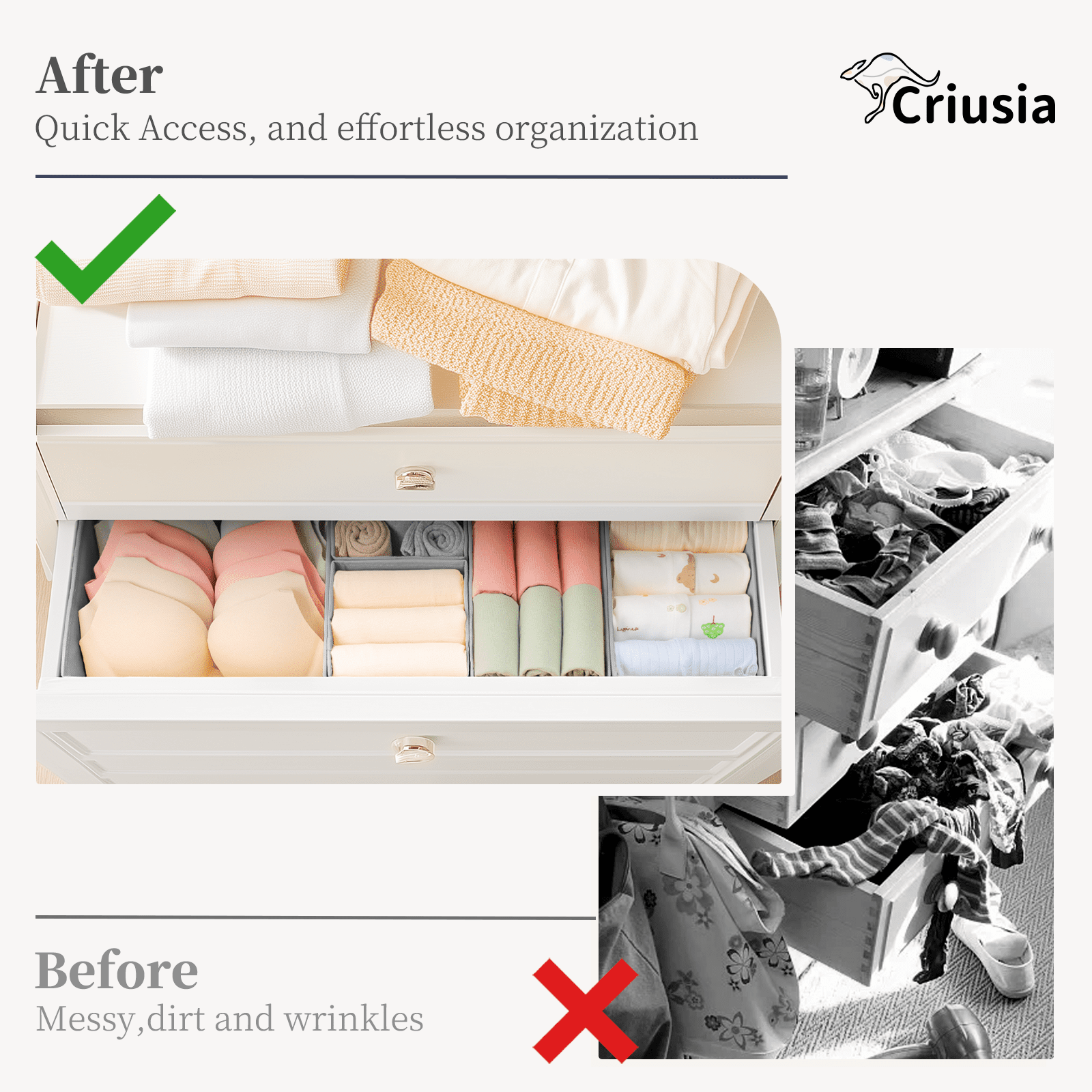 Criusia Drawer Organizer Clothes, Foldable Closet Organization and Storage for Nursery, Bedroom, Gray