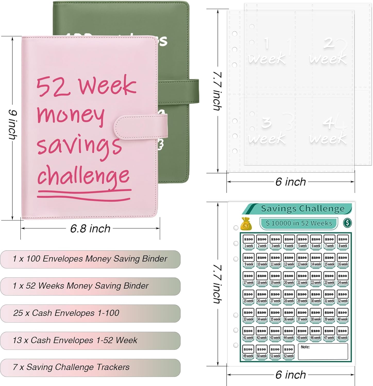 XC 100 Envelopes Money Saving Binder & 52 Week Savings Challenge Book, 2 Sets A5 Budget Money Saving Binder with Pre-Printed Cash Envelopes and Challenge Trackers