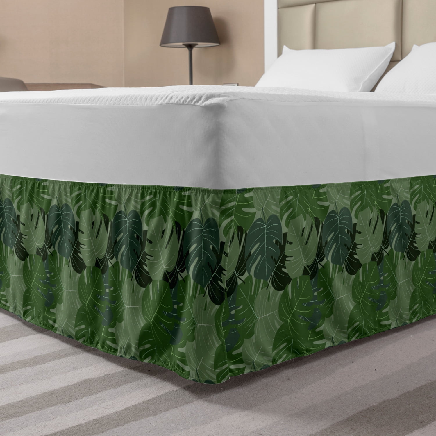 Forest Green Bed Skirt, Camouflage Pattern of Palm Leaves Tropical