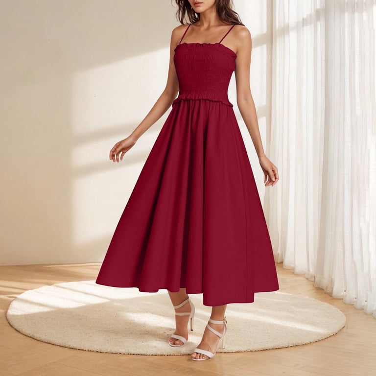 SMihono Women's Summer Cami Maxi Dress 2025 Casual Boho Sleeveless  Spaghetti Strap Smocked A-Line Flowy Long Beach Sundresses Wine S -  Walmart.com