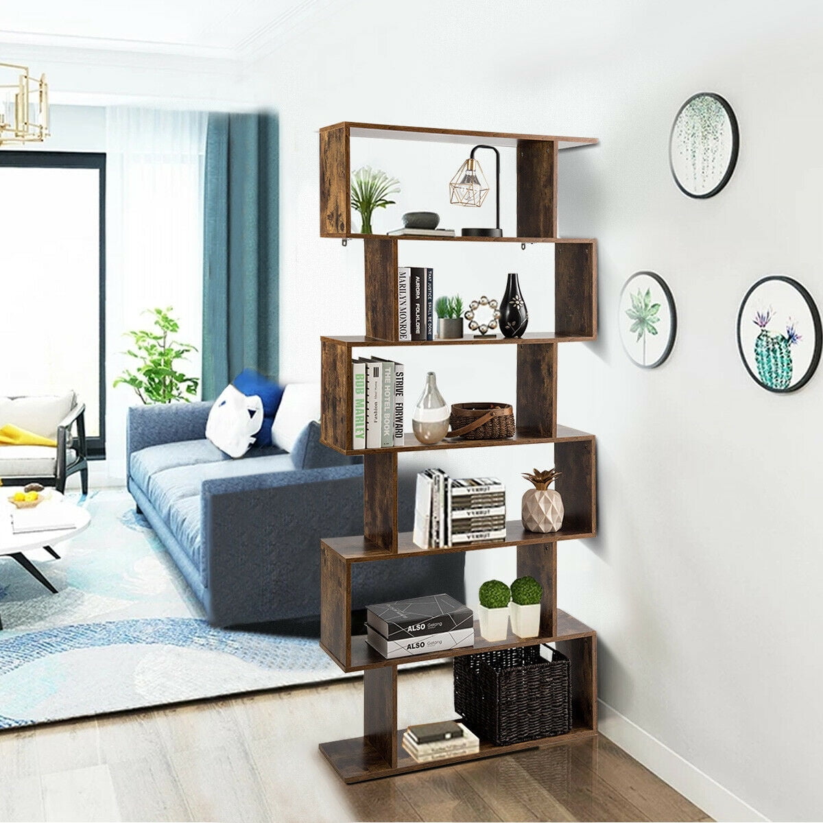 Gymax S-Shaped 6 Tier Bookcase, Brown