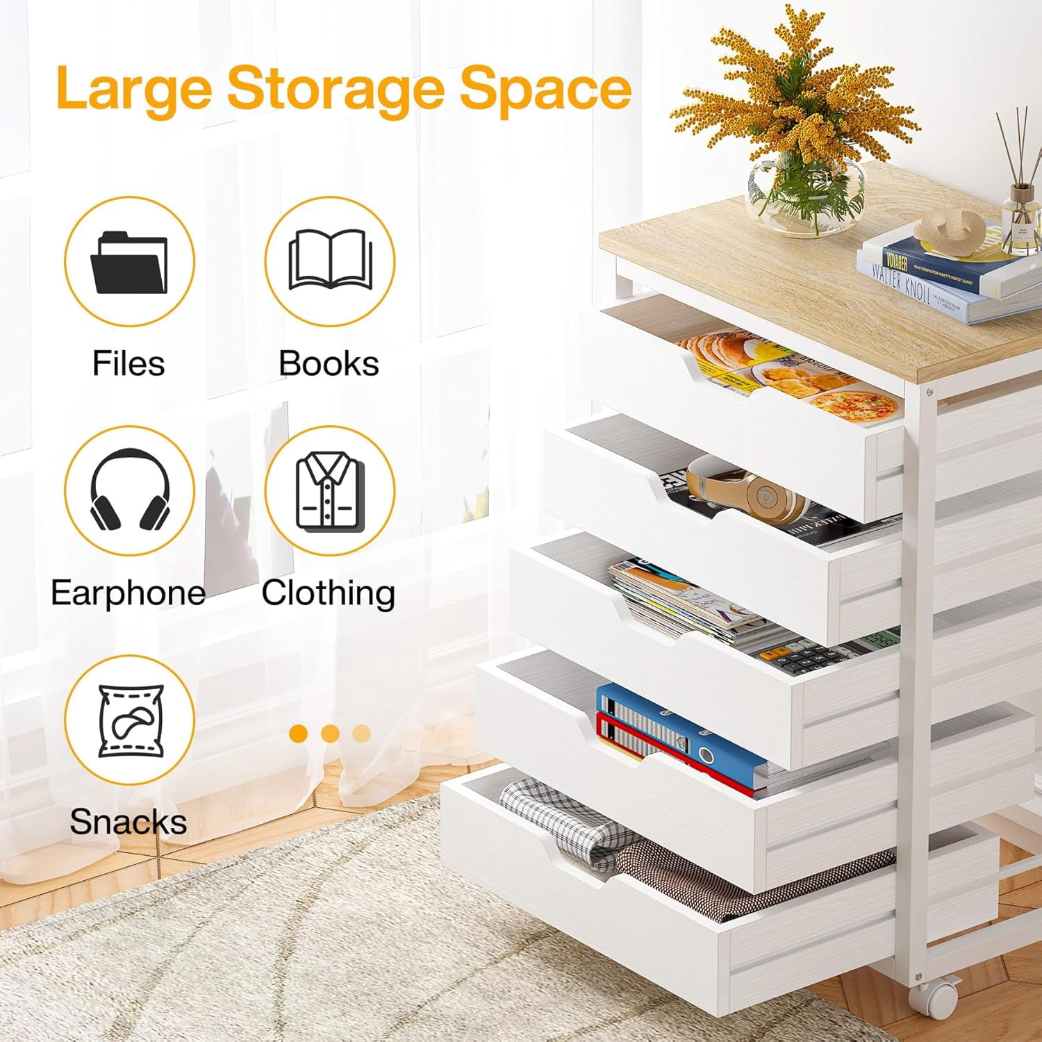 PurelyGoods 5-Drawer File Cabinet, Wood Mobile Storage Drawer Unit, Modern Office Cabinet with Drawers & Wheels, Rolling Printer Stand for Home Office (White)