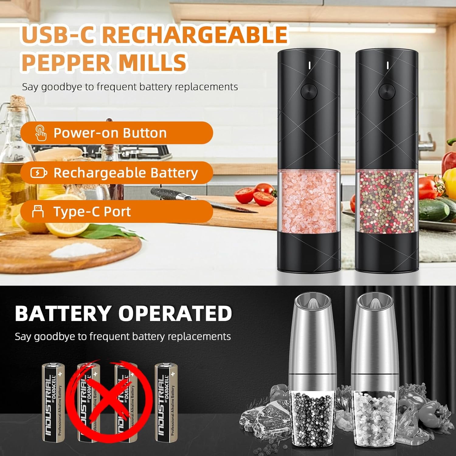 2 Pack Electric Salt and Pepper Grinder Set, Haomacro USB Rechargeable Pepper Grinder Mill with LED Light, Adjustable Coarseness Large Capacity Automatic Pepper Mills Salt Grinders for Kitchen