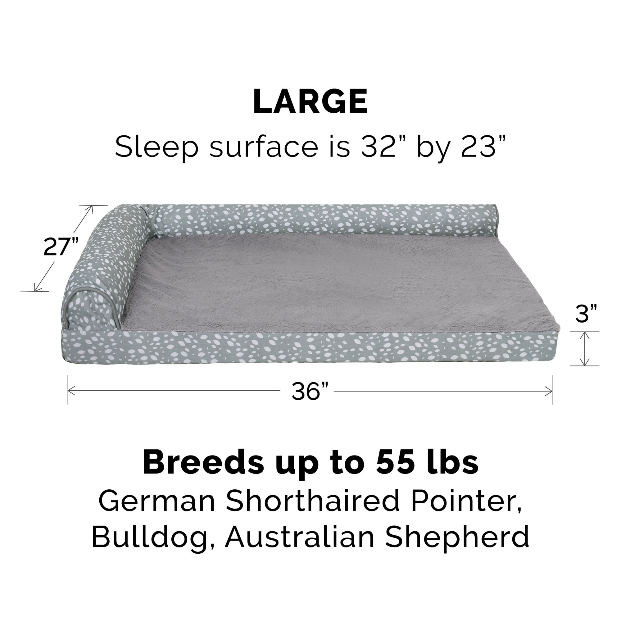 FurHaven Pet Products Plush Faux Fur & Almond Print Orthopedic Deluxe L-Chaise Sofa Pet Bed for Dogs & Cats - Gray Almonds, Large