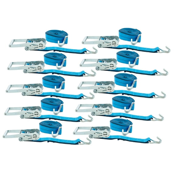 Mytee Products (10 Pack) 2 Inch x 15 FT Blue Ratchet Strap with J Hooks - 10,000 Lbs Breaking Strength - Heavy Duty Tie Down Cargo Truck Straps with Wire Hooks for Flatbed, Truck, Trailers Pickup
