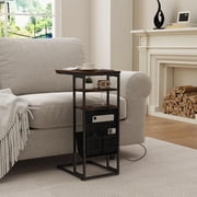 C-Shaped End Table with Charging Station - Retro Style for Living Room