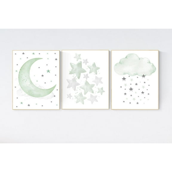 UNFFRAMED Luvia Sage Green Nursery Poster Set of 3 Moon And Stars Gender Neutral Baby Room Wall Art Set 3 Prints 8x12