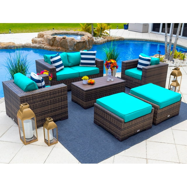Sorrento 6-Piece M Resin Wicker Outdoor Patio Furniture Lounge Sofa Set in Brown w/ Loveseat Sofa, Two Armchairs, Two Ottomans, and Coffee Table (Flat-Weave Brown Wicker, Sunbrella Canvas Aruba)