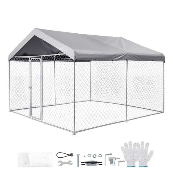 KFFKFF Outdoor Dog Kennel, 9.84 x 9.84 x 7.05 ft Spacious Enclosure with Secure Lock, Weatherproof Roof Cover, Durable Pet Cage for Large Dogs